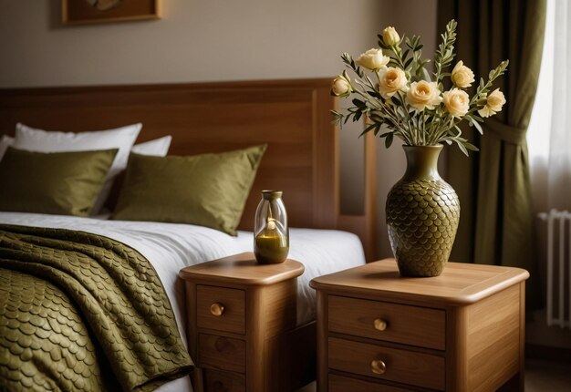 Modern Bedroom With Close Up Of Bedside Cabinet Flower Vase On The Bedside Cabinet Near Bed