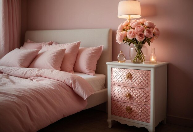 Modern Bedroom With Close Up Of Bedside Cabinet Flower Vase On The Bedside Cabinet Near Bed