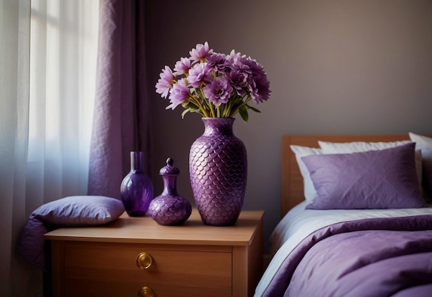 Современная спальня с близким взглядом на гардероб цветочная ваза на гардеробе рядом с кроватью