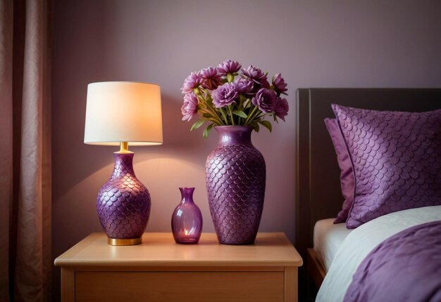 Modern Bedroom With Close Up Of Bedside Cabinet Flower Vase On The Bedside Cabinet Near Bed