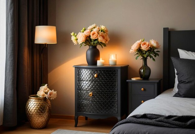 Modern Bedroom With Close Up Of Bedside Cabinet Flower Vase On The Bedside Cabinet Near Bed