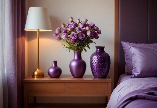 Modern Bedroom With Close Up Of Bedside Cabinet Flower Vase On The Bedside Cabinet Near Bed