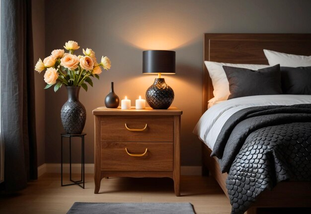 Modern Bedroom With Close Up Of Bedside Cabinet Flower Vase On The Bedside Cabinet Near Bed