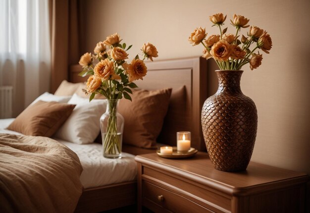 Modern Bedroom With Close Up Of Bedside Cabinet Flower Vase On The Bedside Cabinet Near Bed