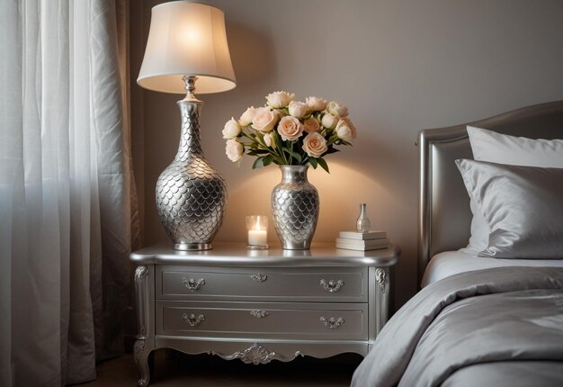 Modern Bedroom With Close Up Of Bedside Cabinet Flower Vase On The Bedside Cabinet Near Bed