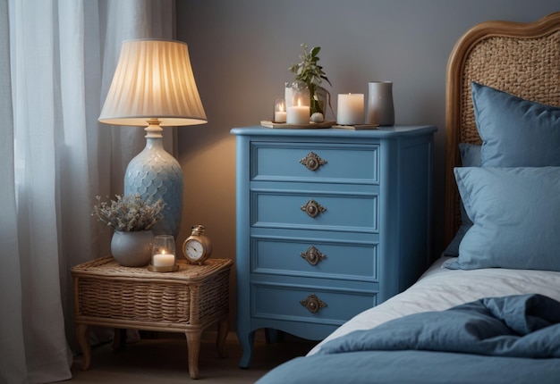 Photo modern bedroom with close up of bedside cabinet flower vase on the bedside cabinet near bed