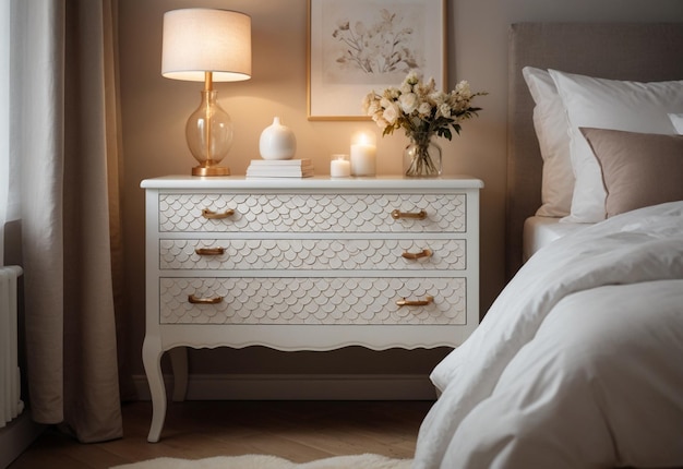 Modern Bedroom With Close Up Of Bedside Cabinet Flower Vase On The Bedside Cabinet Near Bed