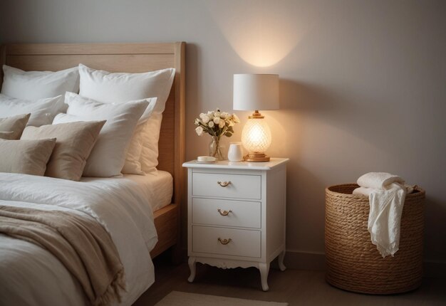 Modern Bedroom With Close Up Of Bedside Cabinet Flower Vase On The Bedside Cabinet Near Bed