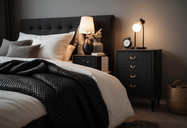 Modern Bedroom With Close Up Of Bedside Cabinet Flower Vase On The Bedside Cabinet Near Bed