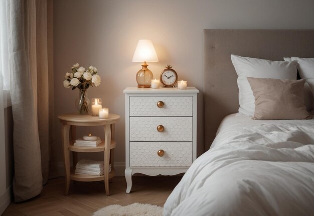 Modern Bedroom With Close Up Of Bedside Cabinet Flower Vase On The Bedside Cabinet Near Bed