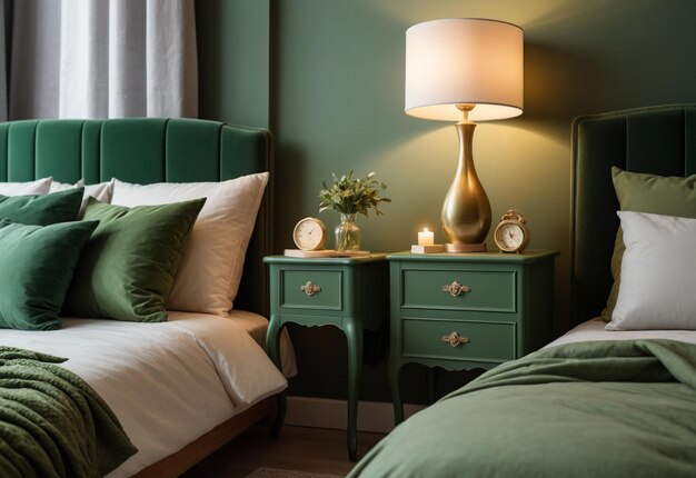 Modern Bedroom With Close Up Of Bedside Cabinet Flower Vase On The Bedside Cabinet Near Bed