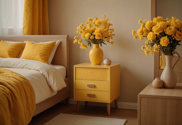 Modern Bedroom With Close Up Of Bedside Cabinet Flower Vase On The Bedside Cabinet Near Bed