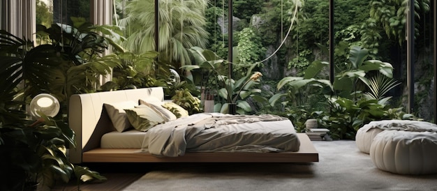 Photo modern bedroom with cushions on comforter amidst indoor greenery