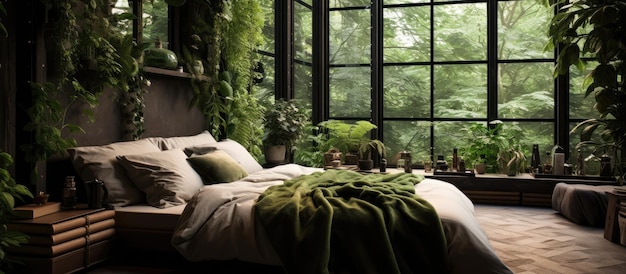 Modern bedroom with cushions on comforter amidst indoor greenery