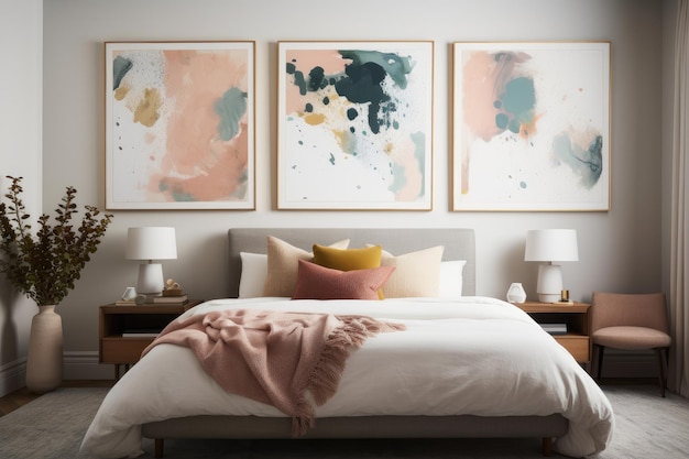 Modern Bedroom With Framed Abstract Art Print Above The Bed Generative AI