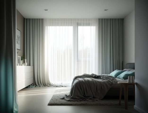 Modern bedroom with gauzy and casual curtains