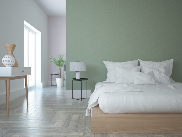 Modern bedroom with green and pink wall