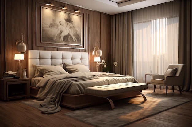 A modern bedroom with a large bed and a window