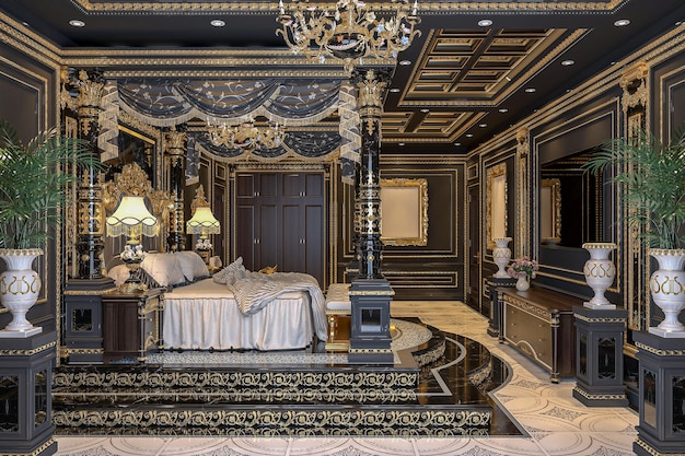 The modern bedroom with a large ornate bed with a golden canopy