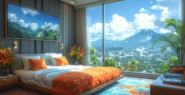 Modern bedroom with large window