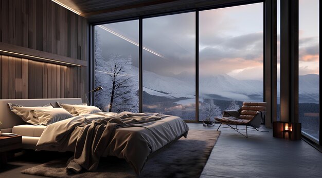 Modern Bedroom with Large Windows Mountain View