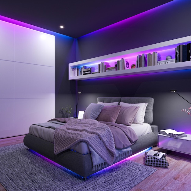 Modern bedroom with a multicolored led strip lights by nigh 3D illustration