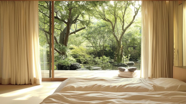 Modern bedroom with nature view and plants