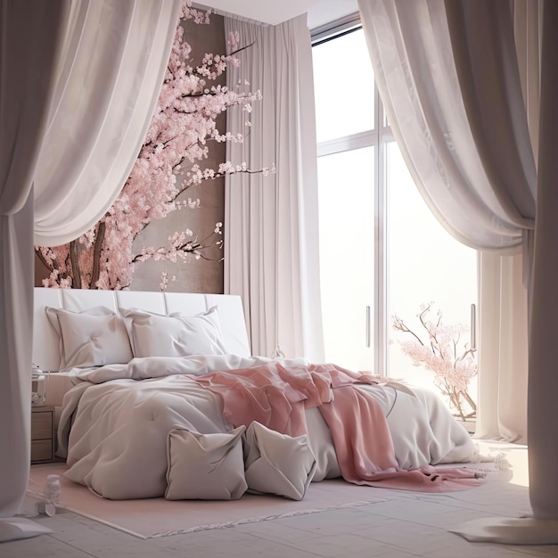 분홍색 침대 가구 와 색 커튼 을 가진 현대적 인 침실