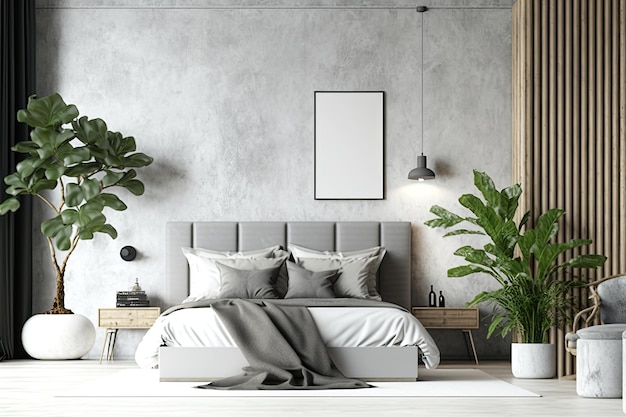 Современная спальня с растительной стеной и другими предметами