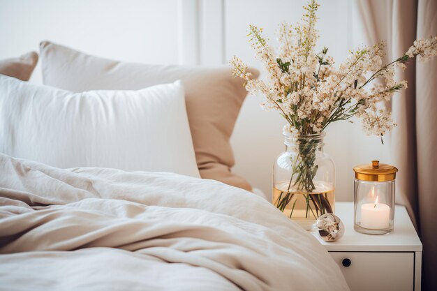 In a modern bedroom with scandinavian interior design a glass vase with a flower bouquet sits near