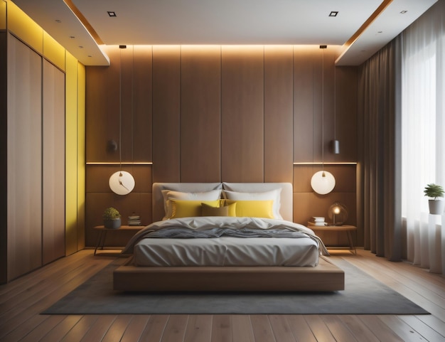 Modern bedroom with a spacious room with yellow and brown walls and equipped with glass walls