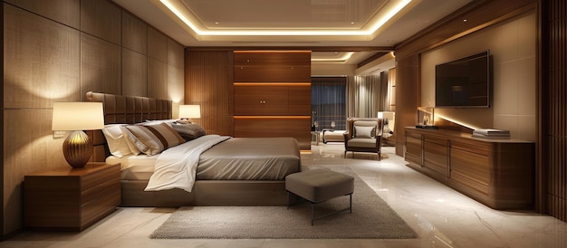 Современная спальня с просторным деревянным гардеробом и креслом