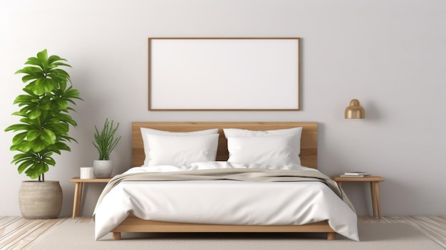 木製の家具と白い木製のフレームを持つモダンな寝室