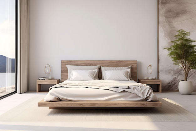 写真 木製のベッドと白いリネンとポットプラントを備えたモダンな寝室 大きな窓