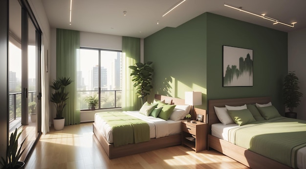 A modern bedroom with wooden furniture in green tone