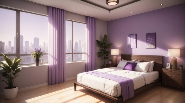 Современная спальня с деревянной мебелью в фиолетовом тоне