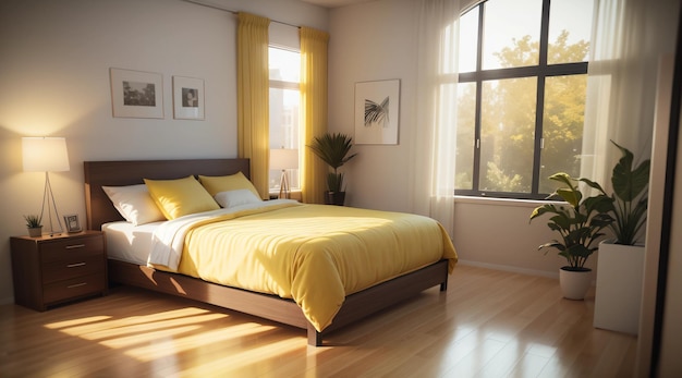 A modern bedroom with wooden furniture in yellow tone