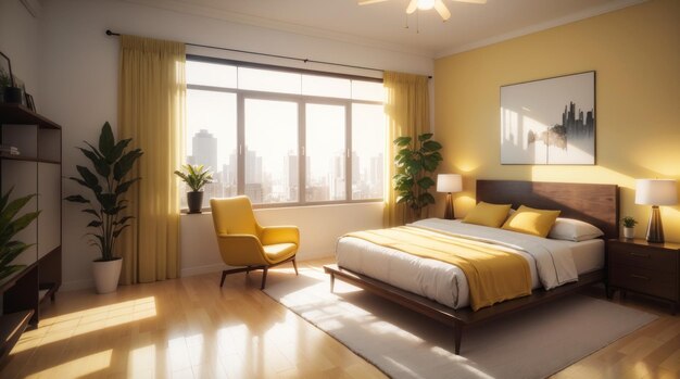 Foto una camera da letto moderna con mobili in legno in tono giallo