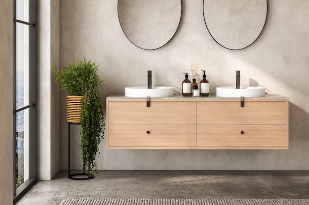 Modern beige bathroom interior with double sink and mirrors carpet on concrete floor bathtub shower area plants Bathing accessories and window in hotel studio Mock up 3D rendering