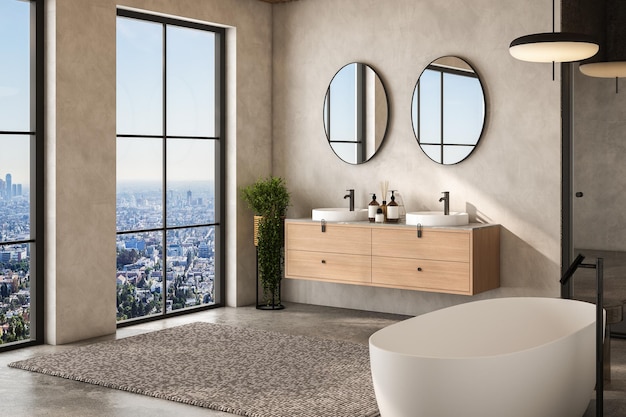Современный бежевый интерьер ванной комнаты с двойной раковиной и зеркальным ковром на бетонном полу, ванной, душевой, растениями, принадлежностями для купания и окном в гостиничной студии, макет 3D-рендеринга