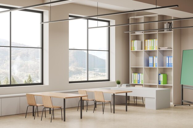 Modern beige classroom interior with desk in row and shelf near window