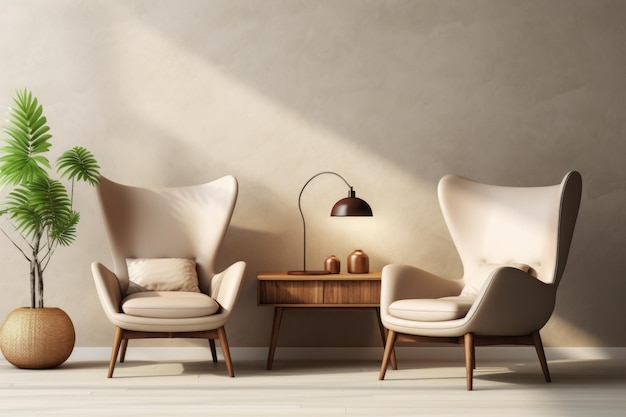 Современное бежевое кресло рядом с современным дизайном интерьера минималистской гостиной Generative AI