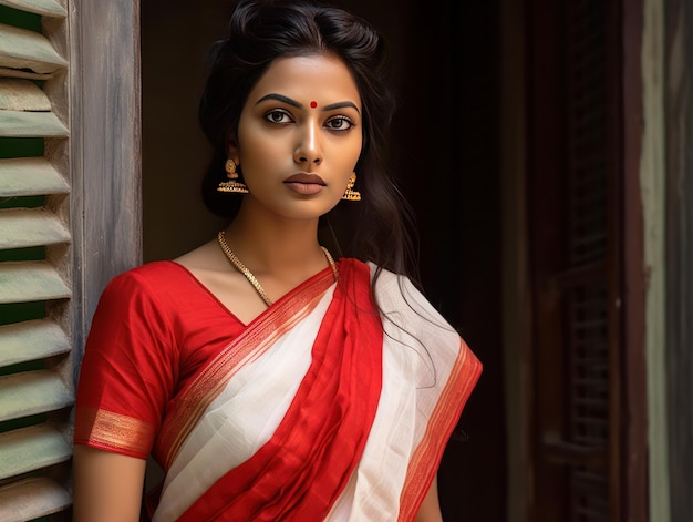 Photo modern bengal girl radiates charm in red and white benarasi saree