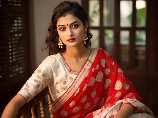 Photo modern bengal girl radiates charm in red and white benarasi saree
