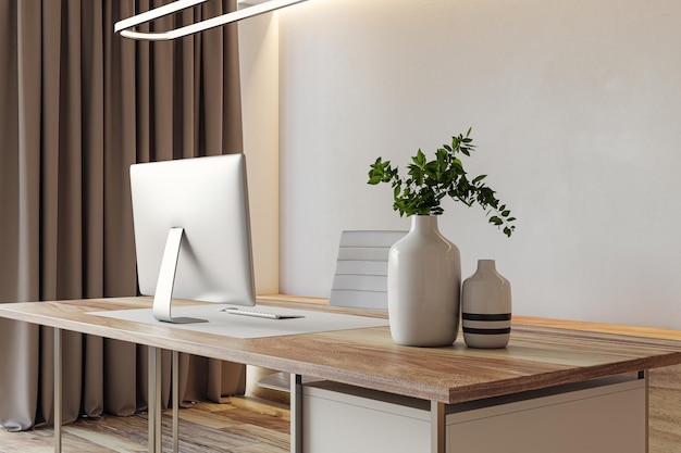 Modern betonnen en houten kantoorinterieur met werkruimte en meubels 3D Rendering
