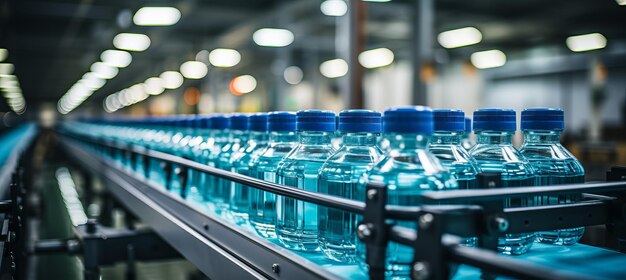 写真 ベルトコンベヤーで移動する水のペットボトルを備えた現代的な飲料生産施設のインテリア