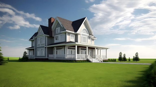 Modern big house on green lawn and blue sky