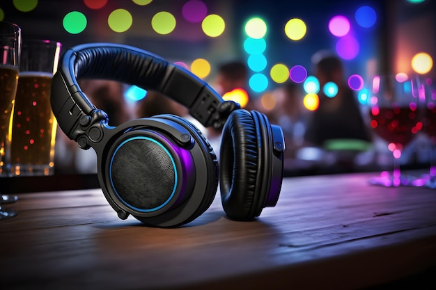 Modern big professional headphones on DJs table at night party Neural network AI generated