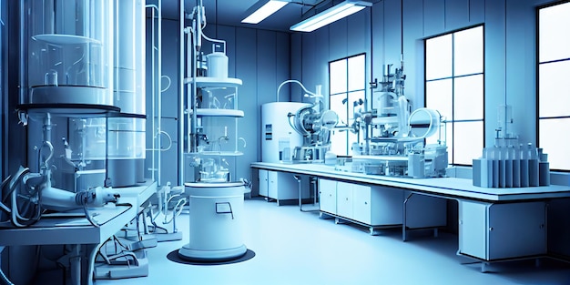 Modern biological or biochemical laboratory interior Clean blue atmosphere Generative AI