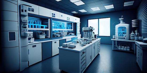 Modern biologisch of biochemisch laboratorium interieur schone blauwe atmosfeer generatieve ai